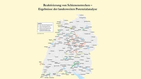Karte reaktivierbarer Bahnstrecken in Baden-Württemberg aus der Potenzialanalyse des Verkehrsministeriums Baden-Württemberg von 2020.  (Foto: Verkehrsministerium Baden-Württemberg)
