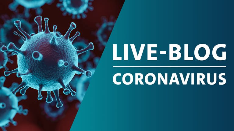 Montage eines schematischen Bildes von Viren der Familie Corona mit der Grafik von SWR Akktuell Live-Blog zum Coronavirus