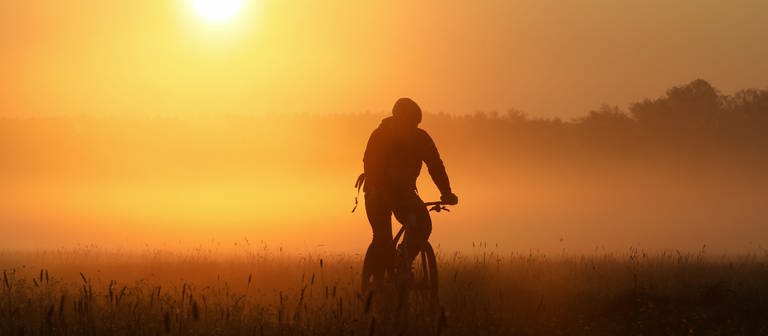 Ein Radfahrer fährt am Morgen kurz nach Sonnenaufgang im von der Sonne gelblich gefärbten Morgennebel. (Foto: dpa Bildfunk, picture alliance/dpa | Thomas Warnack)