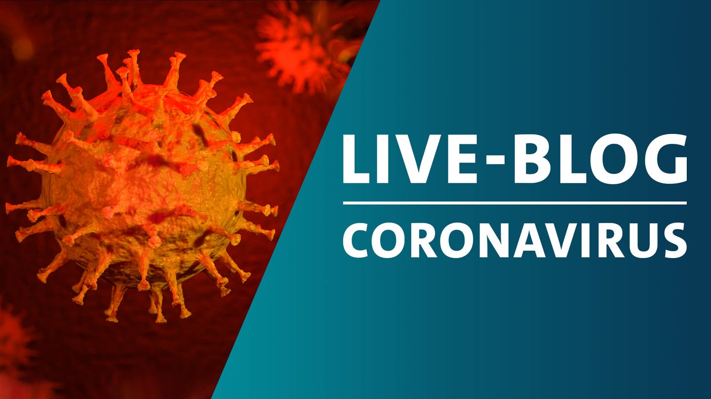 Montage eines schematischen Bildes von Viren der Familie Corona mit der Grafik von SWR Aktuell Live-Blog zum Coronavirus