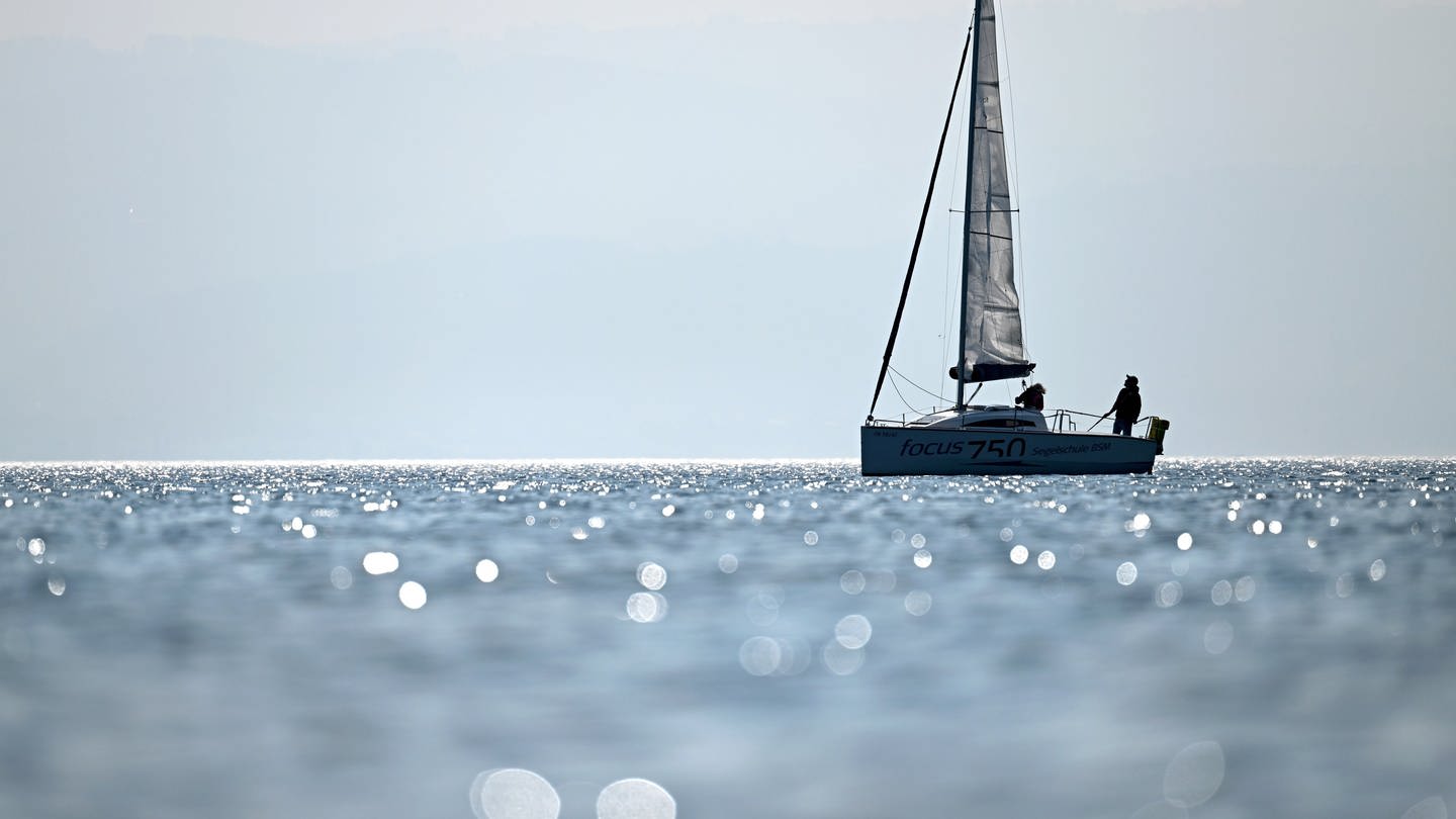 Ein Boot segelt vor Langenargen auf dem Bodensee, während im Vordergrund die Sonne im Wasser glitzert. (Foto: dpa Bildfunk, picture alliance/dpa | Felix Kästle)