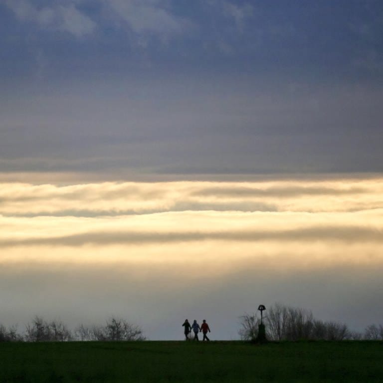 Spaziergänger sind vor einem wolkenverhangenen Himmel zu sehen. Der Deutsche Wetterdienst erwartet für Baden-Württemberg Dauerregen und Sturmböen.  (Foto: dpa Bildfunk, picture alliance/dpa | Thomas Warnack)