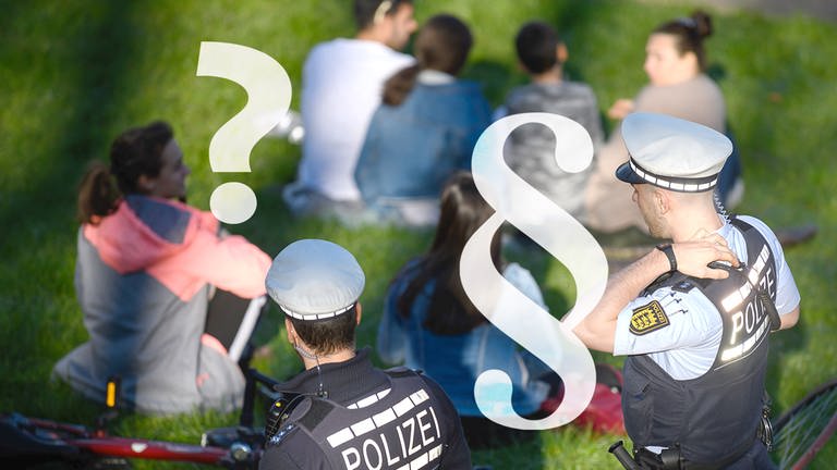 Symbolbild zum Corona-Quiz Baden-Württemberg: Was ist erlaubt und was nicht? Parkbesucher bei Polizeikontrolle davor Wasserzeichen mit "?" und "§" (Foto: dpa Bildfunk, Montage SWR)
