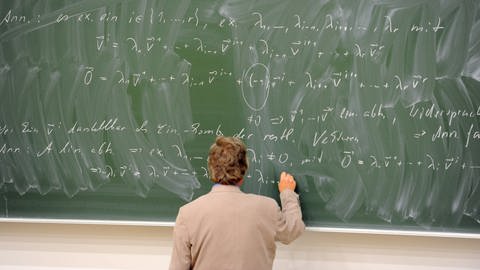 Ein Mann schriebt Formeln an einer schlecht gewischten Tafel in einer Vorlesung "Mathematik für Chemiker". (Foto: dpa Bildfunk, picture alliance / Jens Kalaene/dpa-Zentralbild)