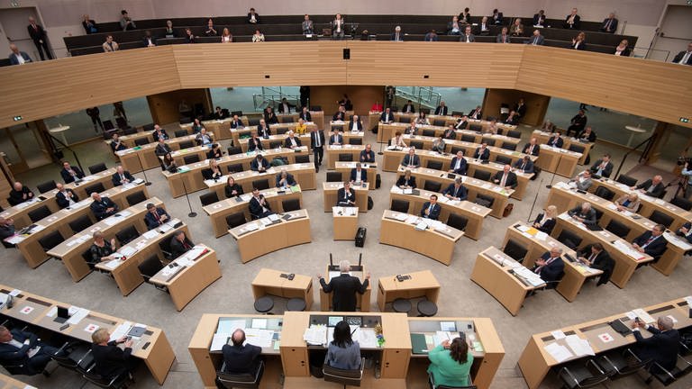Der baden-württembergische Landtag in der Corona-Krise: Abgeordnete halten Sicherheitsabstand (Foto: dpa Bildfunk, picture alliance/Marijan Murat/dpa)
