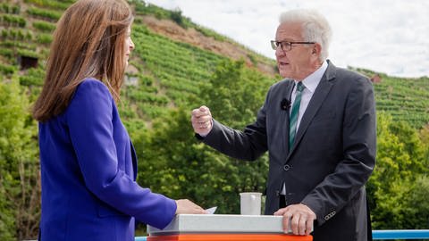 Baden-Württembergs Ministerpräsident Winfried Kretschmann (Grüne) antwortet auf eine Frage von Moderatorin Stephanie Haiber.  (Foto: SWR, ©SWR/dpa/Christoph Schmidt)