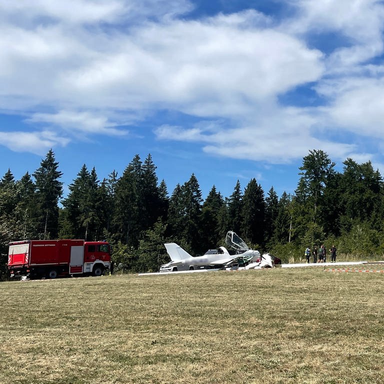 Auf einem Feld am Waldrand bei Böttingen (Kreis Tuttlingen) sind die Feuerwehr und ein Kran bei der Bergung eines abgestürzten Kleinflugzeugs.  (Foto: SWR)