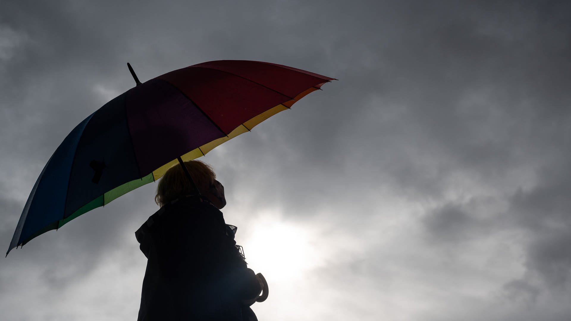 Frau hält Regenschirm und blickt zu Gewitterwolken. (Foto: dpa Bildfunk, Picture Alliance)