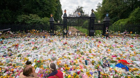 Blumen liegen nach dem Tod von König Elizabeth II. vor den Toren von Sandringham House. Die britische Königin Elizabeth II. ist am 08.09.2022 im Alter von 96 Jahren gestorben. (Foto: dpa Bildfunk, picture alliance/dpa/PA Wire | Joe Giddens)