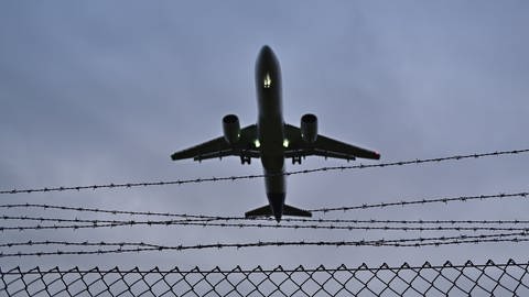 Ein Flugzeug fliegt über einen mit Stacheldraht gesicherten Maschendrahtzaun.  (Foto: dpa Bildfunk, Daniel Kubirski)