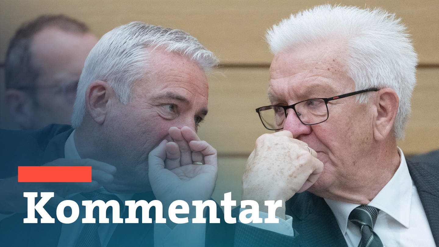Schriftzug Kommentar zum BW-Trend, der Umfrage zur Landespolitik vor Thomas Strobl (CDU) und Winfried Kretschmann (Grüne) (Foto: dpa Bildfunk, Picture Alliance)