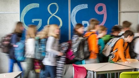 An einer Tafel in einem Gymnasium steht "G8" und "G9" geschrieben. (Foto: dpa Bildfunk, picture alliance / Armin Weigel/dpa | Armin Weigel)