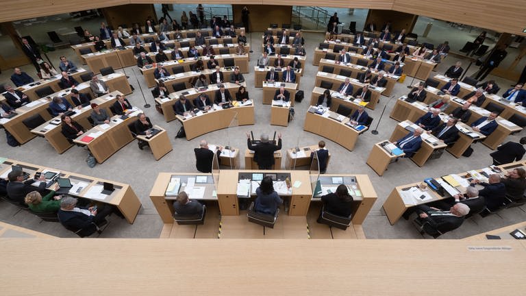 Landtagsabgeaordnete nehmen an einer Plenarsitzung im Landtag von Baden-Württemberg teil.  (Foto: dpa Bildfunk, picture alliance/dpa | Marijan Murat)