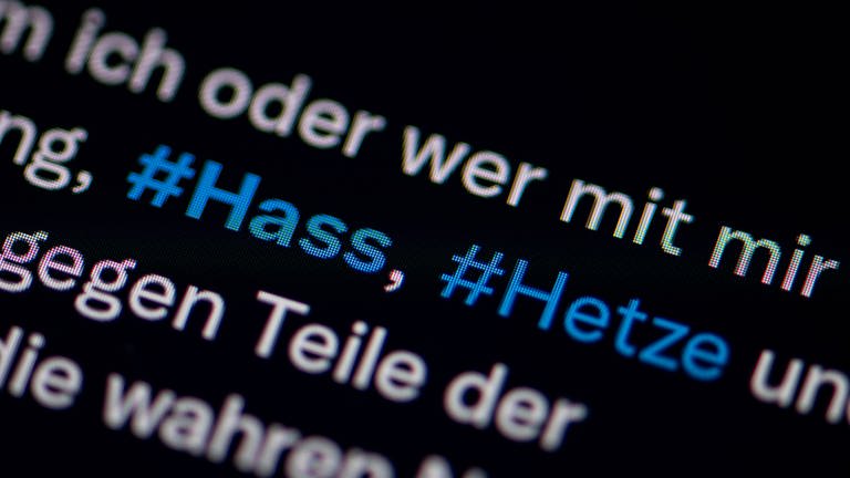 Auf dem Bildschirm eines Smartphones sieht man die Hashtags Hass und Hetze in einem Twitter-Post. (Foto: dpa Bildfunk, picture alliance/dpa | Fabian Sommer)
