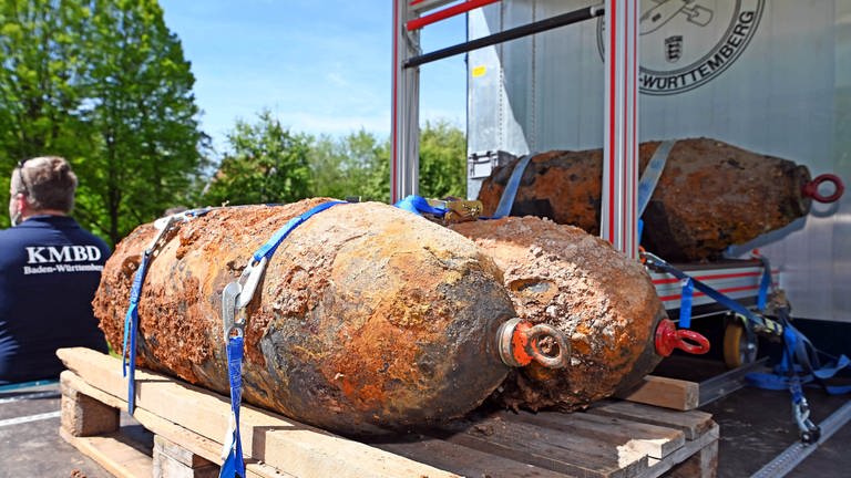 Drei 250 Kilogramm Bomben liegen in einer Grünanlage, die dort entschärft wurden. (Foto: dpa Bildfunk, picture alliance/dpa | Uli Deck)