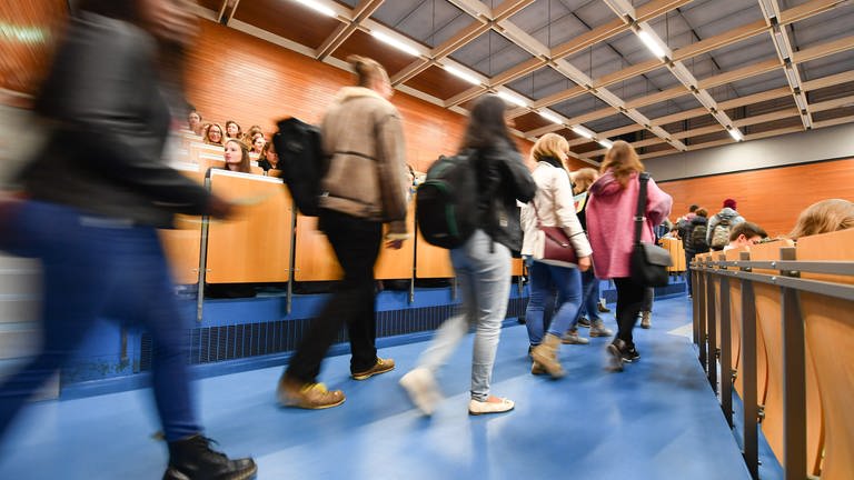 Studenten kommen in Heidelberg an der Universität zur Begrüßung der Erstsemster-Studenten in einen Hörsaal (Foto: dpa Bildfunk, picture alliance / Uwe Anspach/dpa | Uwe Anspach (Archibvild))