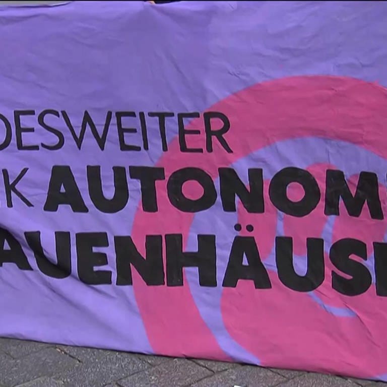 Auf lilanem Tuch steht "Bundesweiter Streik autonomer Fraunhäuser" (Foto: SWR)