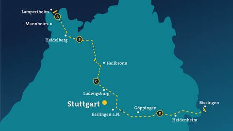 Eine Karte zeigt den geplanten Verlauf der Süddeutschen Erdgasleitung: von Hessen aus in südöstlicher Richtung durch Baden-Württemberg bis nach Bayern. (Foto: SWR, Silas Heuck)