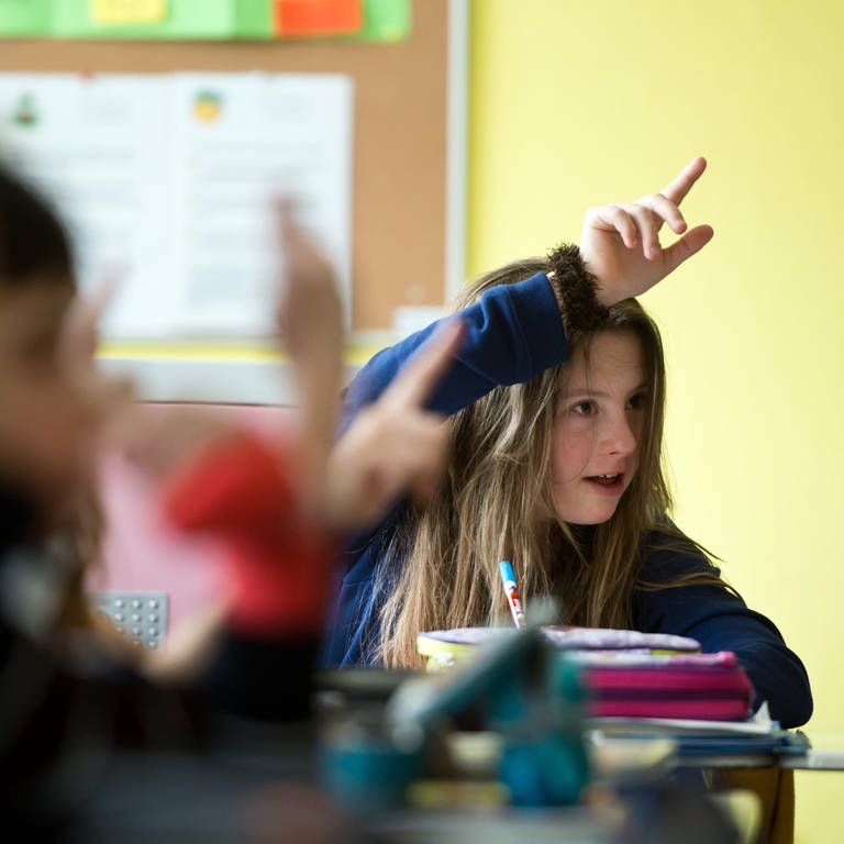 Eine Schülerin mit "Down-Syndrom" meldet sich während des Schulunterrichts.  (Foto: dpa Bildfunk, picture alliance / dpa | Daniel Naupold)