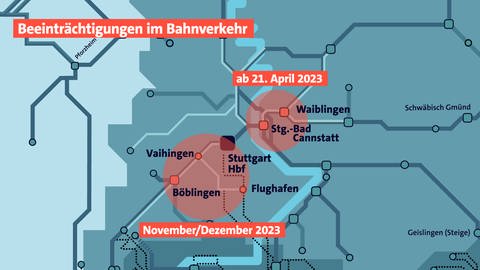 Eine Karte der Beeinträchtigungen im Bahnverkehr in Stuttgart (Foto: SWR)