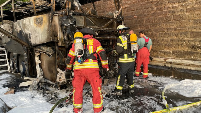 Ein Reisebus ist bei Hölzern (Landkreis Heilbronn) vollständig ausgebrannt. (Foto: SWR)
