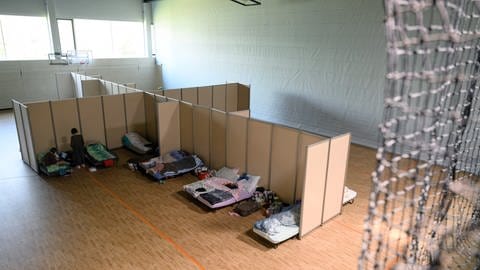 Blick in die Turnhalle des Gymnasiums Bürgerwiese, die derzeit als Notunterkunft für geflüchtete Menschen aus der Ukraine genutzt wird. (Foto: dpa Bildfunk, picture alliance/dpa | Robert Michael)