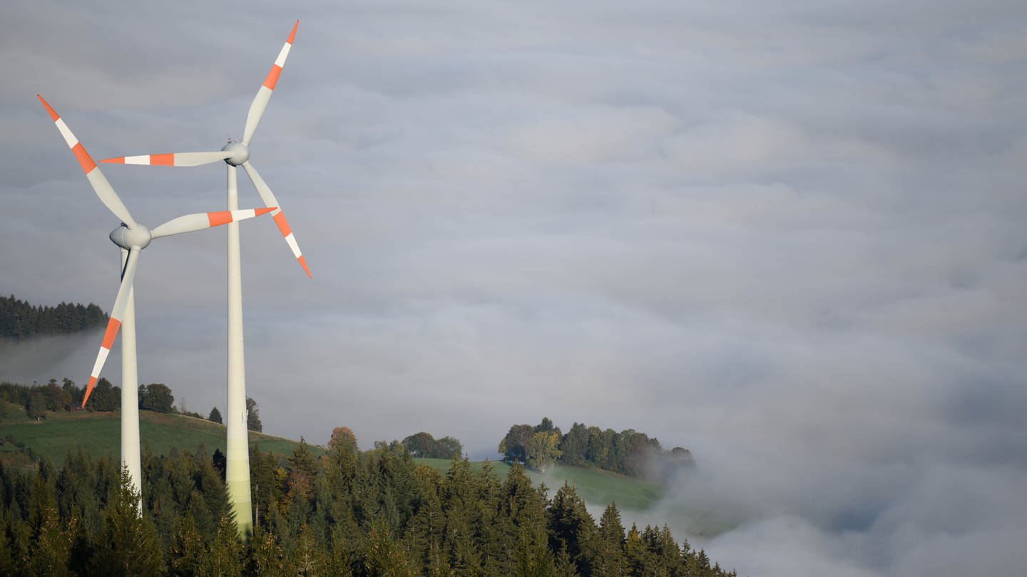 Zwei Windräder stehen am Fuße des Berges Schauinsland im Schwarzwald (Foto: dpa Bildfunk, picture alliance/Patrick Seeger/dpa)