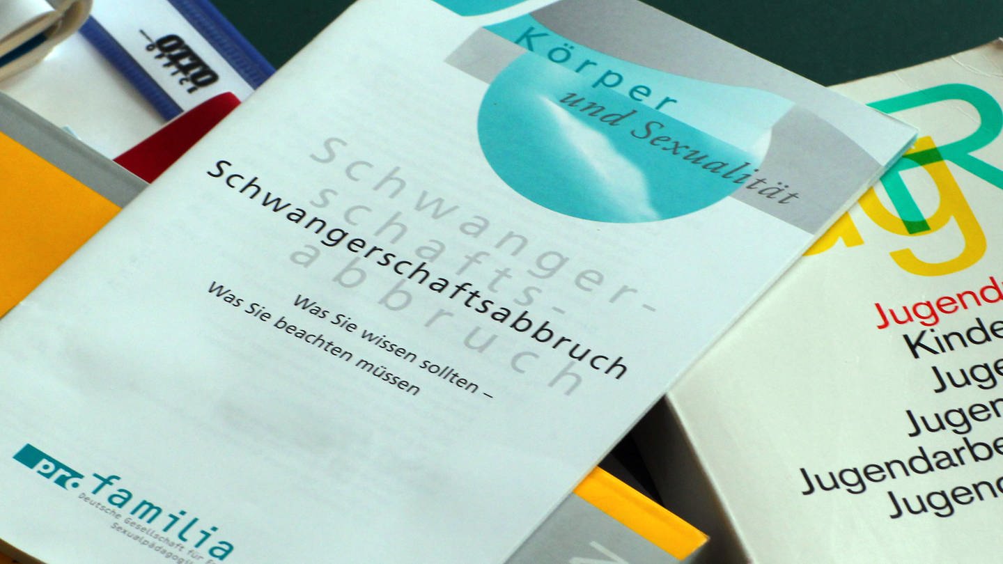 Bücher und Informationshefte zu Schwangerschaftsabbrüchen liegen auf einem Tisch. (Foto: dpa Bildfunk, picture alliance / dpa | Jens Büttner)