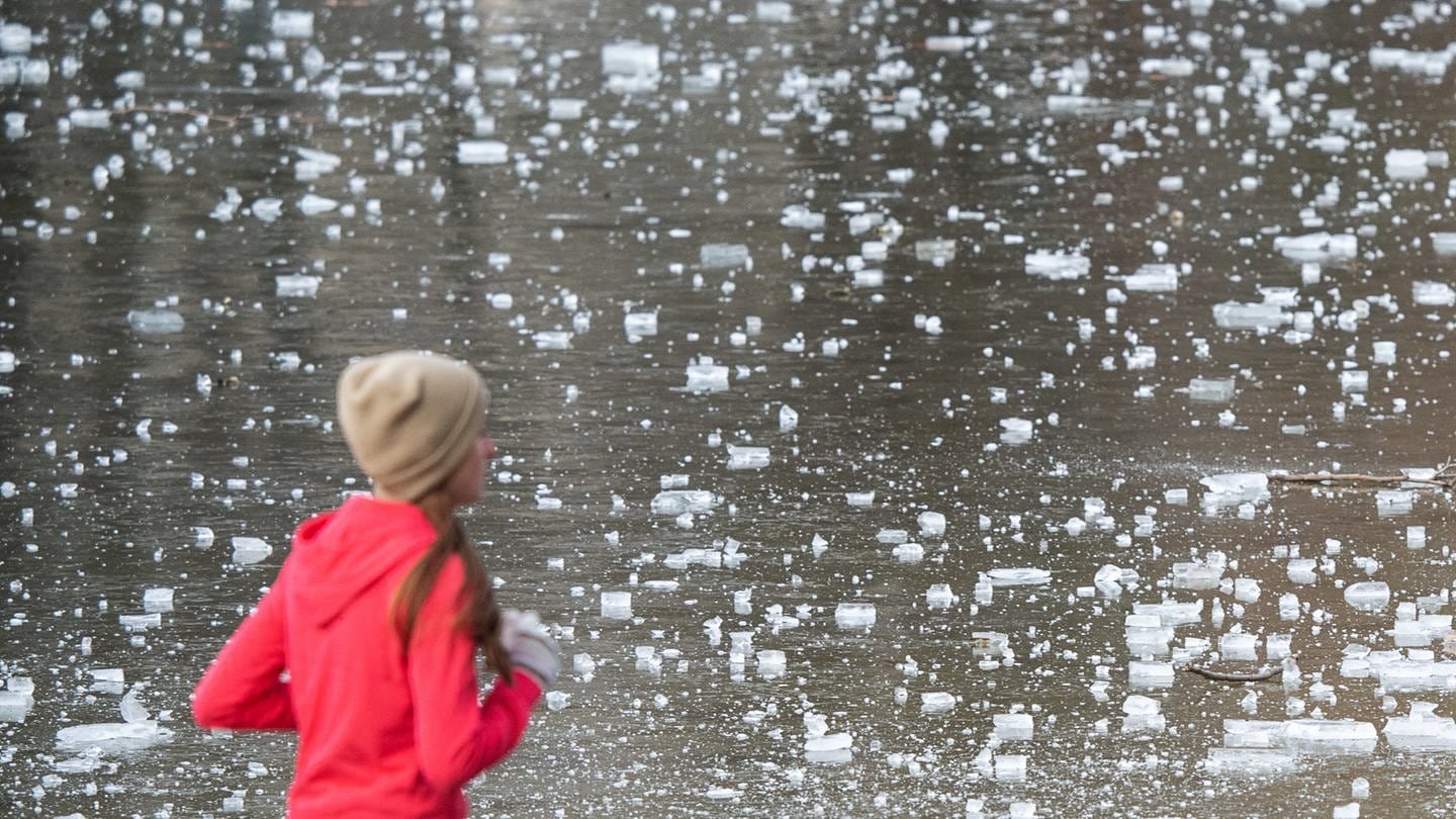Stuttgart: Eine Frau joggt vor der Eisfläche des Eckensees entlang (Foto: dpa Bildfunk, Sebastian Gollnow)