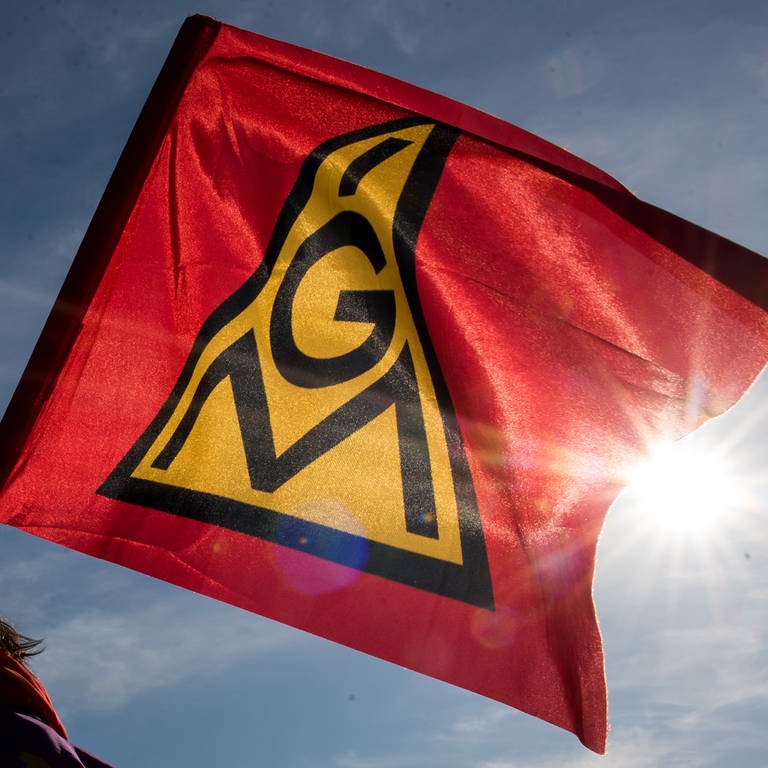 Ein Teilnehmer einer Kundgebung hält eine Fahne mit dem Logo der IG-Metall hoch. (Foto: dpa Bildfunk, Daniel Bockwoldt)