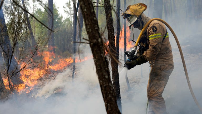 Ein Feuerwehrmann löscht in einem Wald einen großflächigen Brand. (Foto: dpa Bildfunk, picture alliance/dpa/AP | Armando Franca)