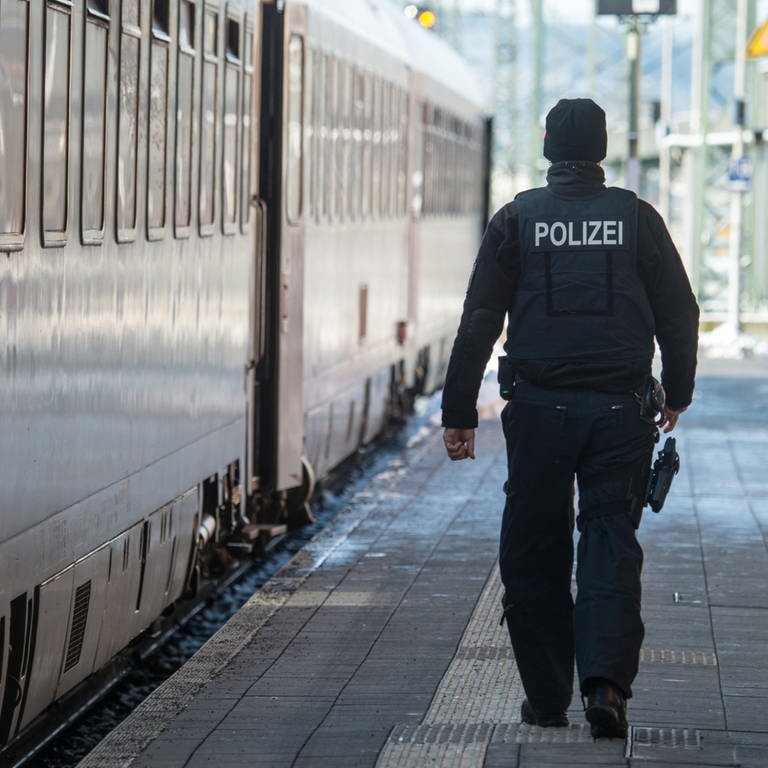 Ein Bundespolizist geht am Bahnhof in Passau neben einem Zug. Grenzkontrollen wegen der Flüchtlinge aus der Ukraine sorgen zum Teil für Verspätungen. (Foto: dpa Bildfunk, picture alliance/dpa | Armin Weigel)