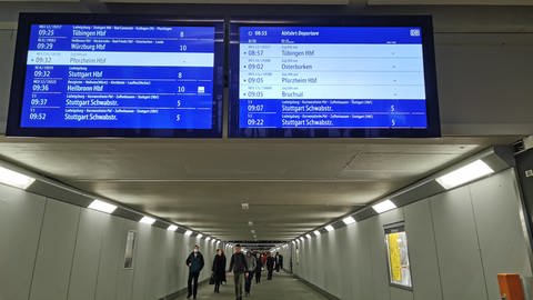 Zwei Bildschirme zeigen am Bahnhof in Bietigheim-Bissingen (Kreis Ludwigsburg), welche Züge am Montag ausfallen (Foto: SWR, Sarah Liebers)