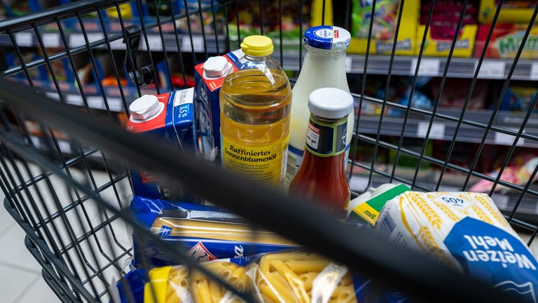 Lebensmittel liegen in einem Einkaufswagen in einem Supermarkt. (Foto: dpa Bildfunk, picture alliance/dpa | Hendrik Schmidt)