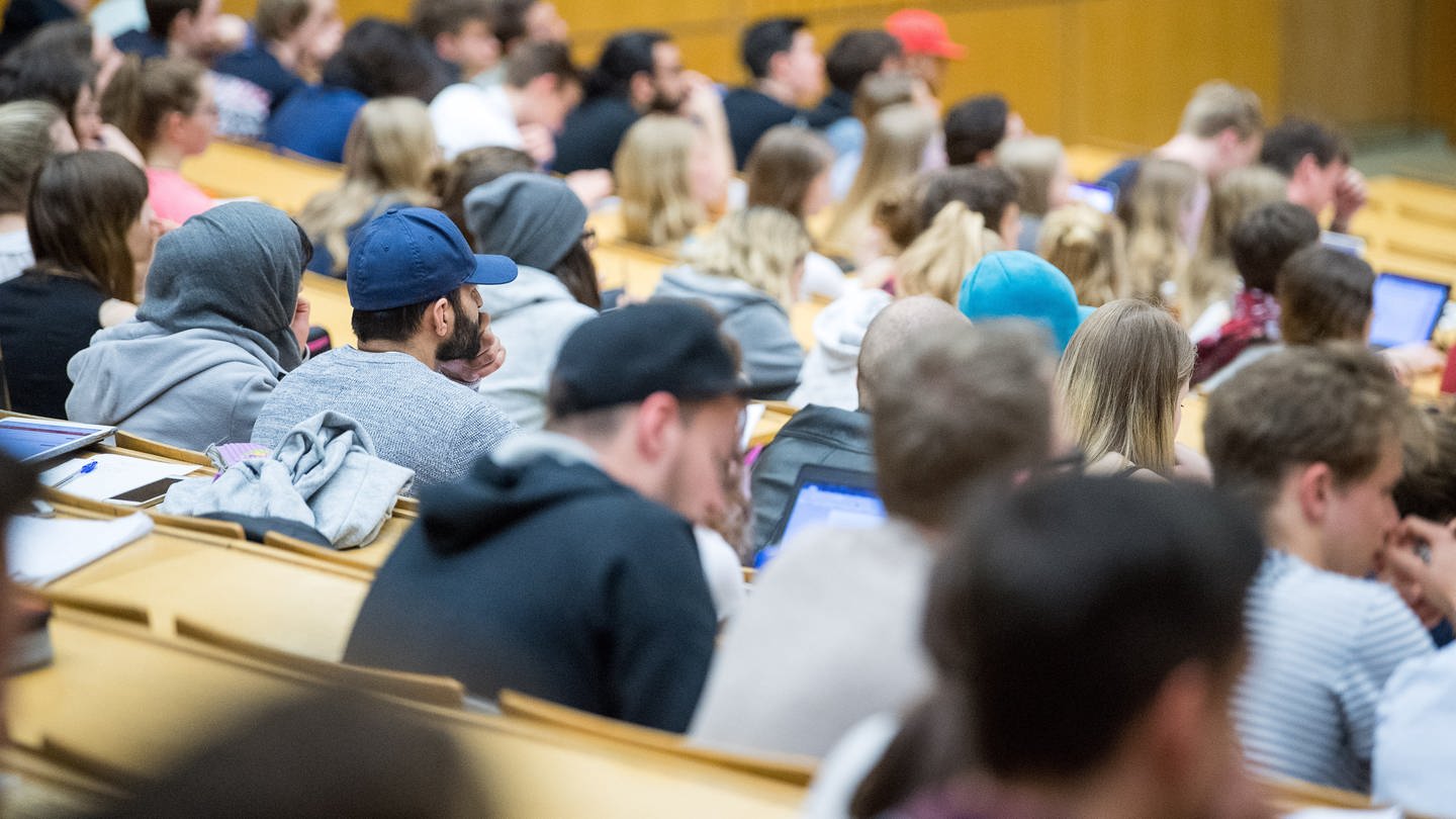 Studierende sitzen in einem Hörsaal in einer Vorlesung. (Foto: dpa Bildfunk, picture alliance/dpa | Sebastian Gollnow)