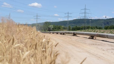 Auf der Baustelle der Nordschwarzwaldleitung zwischen Au am Rhein und Leonberg liegt ein Stück der Pipeline in einem Graben zwischen einer Wiese und einem Feld.  (Foto: Pressestelle, terranets bw)