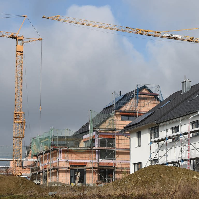 Mehrere Häuser im Rohbau stehen in einem neuen Wohnviertel in Friedrichshafen. 