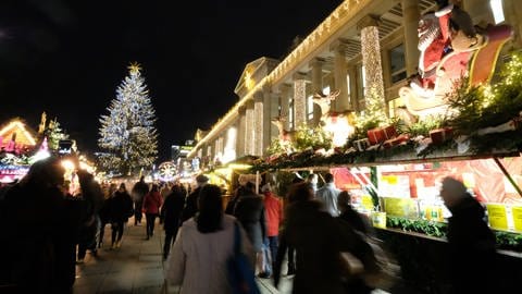 Der Weihnachtsbaum auf dem Schlossplatz in Stuttgart wird dieses Jahr wieder erstahlen - im LED-Glanz. (Foto: dpa Bildfunk, picture alliance / Bernd Weißbrod/dpa | Bernd Weissbrod)