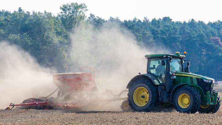 Mit einer an einen Traktor angehängten Drillmaschine sät ein Bauer der Agrargenossenschaft Drebkau Winterraps auf einem trockenenen Feld aus.  (Foto: dpa Bildfunk, picture alliance/dpa | Frank Hammerschmidt)