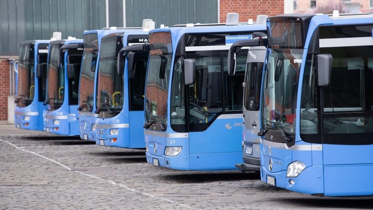 Busse stehen auf einem Busbetriebshof.