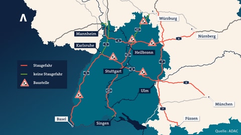 Eine Karte von Baden-Württemberg mit den Autobahnen auf denen am Pfingstwochenende Staugefahr herrscht. (Foto: SWR)