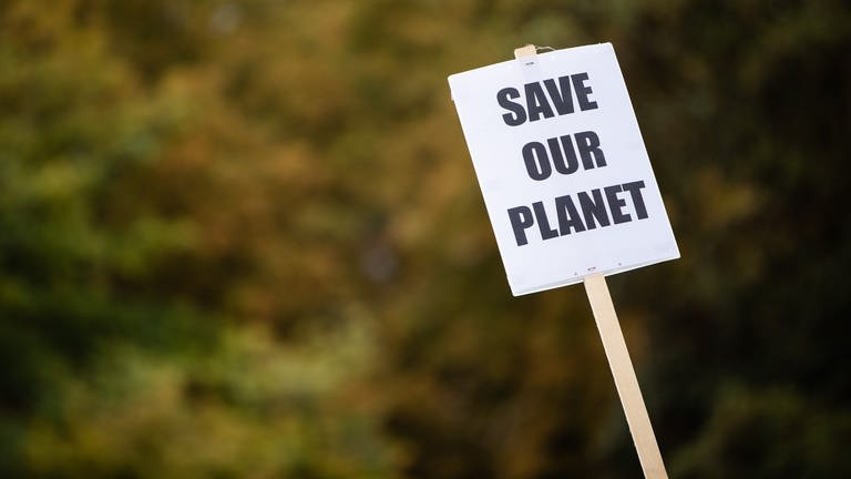 Save our Planet steht beim globalen Klimastreik der Klimaschutzbewegung Fridays for Future auf einem Plakat. (Foto: dpa Bildfunk, picture alliance/dpa | Christoph Schmidt (Archivbild))