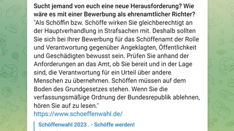 Ein Aufruf des Anwalts Markus Haintz an die Mitglieder der Telegram-Gruppe Querdenken (791 - Schwäbisch Hall), sich als Schöffen zu bewerben.  (Foto: SWR)