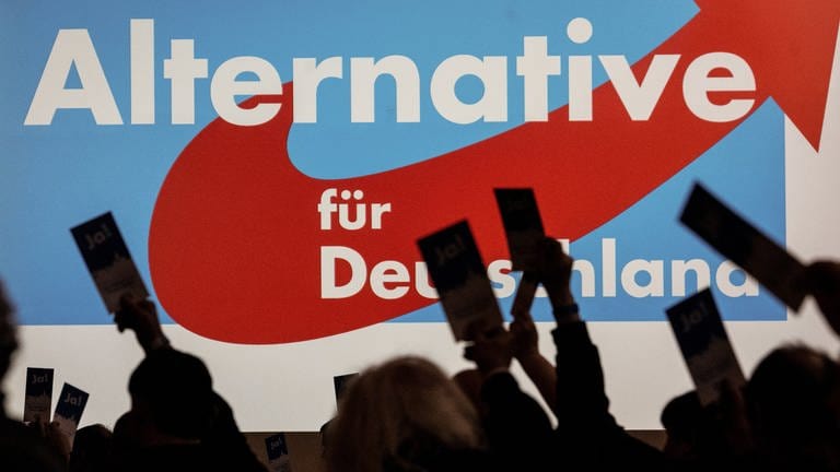 Alternative für Deutschland steht im Hintergrund. Im Vordergrund sind Menschen zu sehen, die abstimmen. Ist die AfD BW rechtsextrem? (Foto: dpa Bildfunk, picture alliance/dpa | Swen Pförtner)