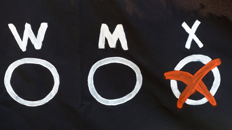 Drei Möglichkeiten für einen Geschlechtseintrag - "W", "M" und "X" - sind auf einem Banner der Initiative «dritte Option» zu sehen. 