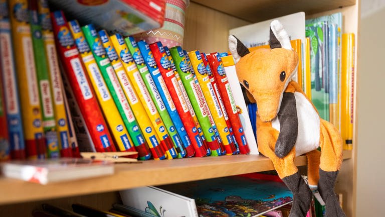 Kinderbücher stehen in einem Bücherregal einer Kita.