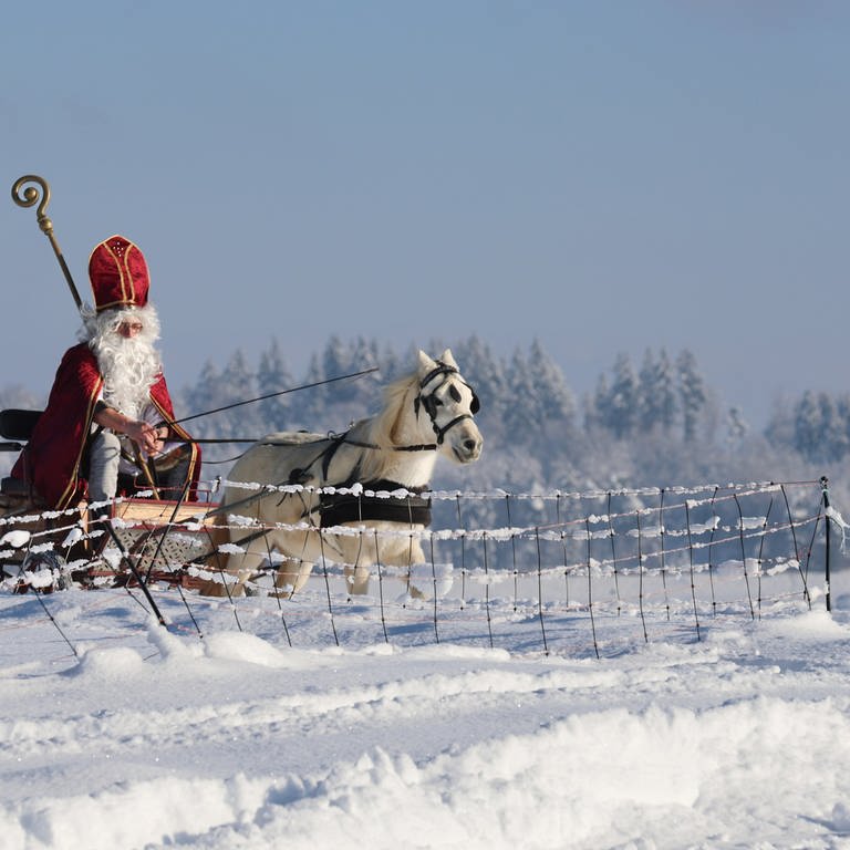 Ein als Nikolaus verkleideter Mann ist in Bad Saulgau (Kreis Sigmaringen) mit einer von einem Pony gezogenen Kutsche am ersten Advent zu einer Nikolausfeier unterwegs. 