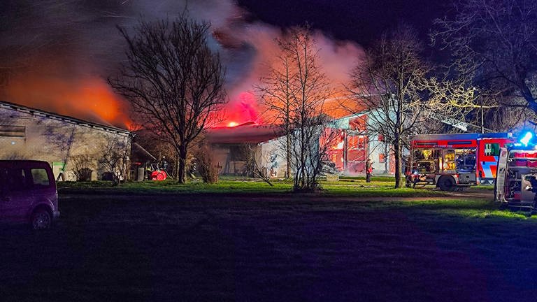 Die Feuerwehr löscht einen Großbrand auf einem Aussiedlerhof bei Bühl (Kreis Rastatt)  (Foto: Einsatz-Repotz24)