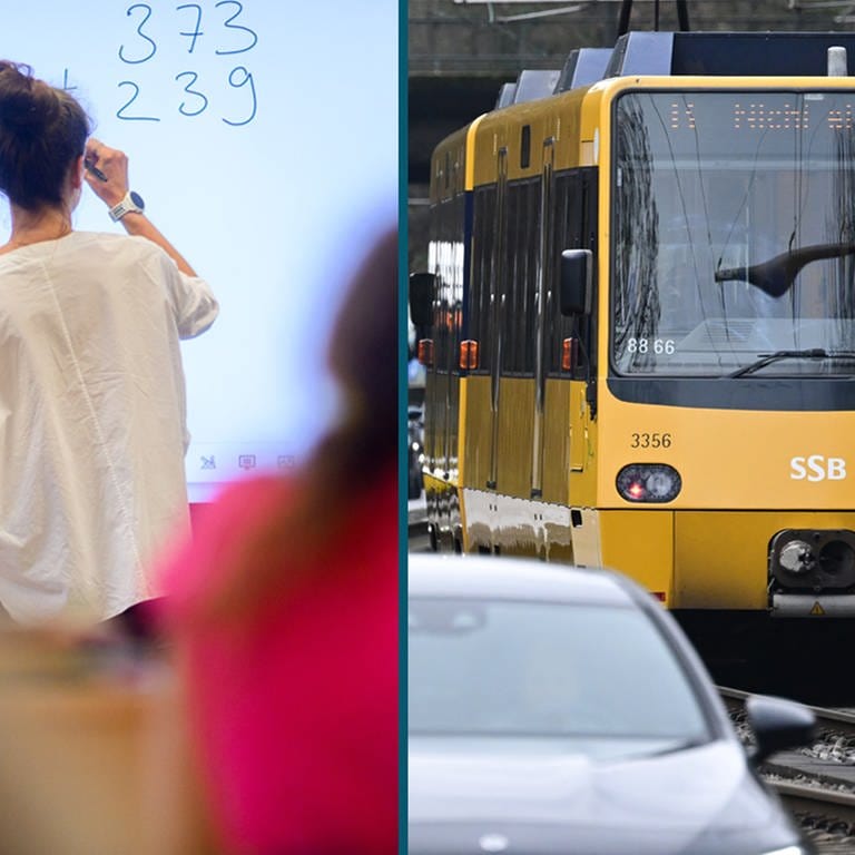 Drei Bilder sind zu sehen: Eine Lehrerin schreibt eine Rechnung an die Tafel. Eine U-Bahn fährt durch die Stadt. Ein Mann arbeitet auf dem Bau. 