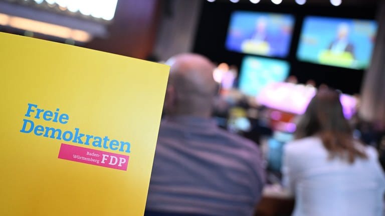 Ein Schild mit der Aufschrift "Freie Demokraten - FDP Baden-Württemberg" beim Landesparteitag der FDP-Baden-Württemberg in Fellbach (Foto: dpa Bildfunk, picture alliance/dpa | Bernd Weißbrod)